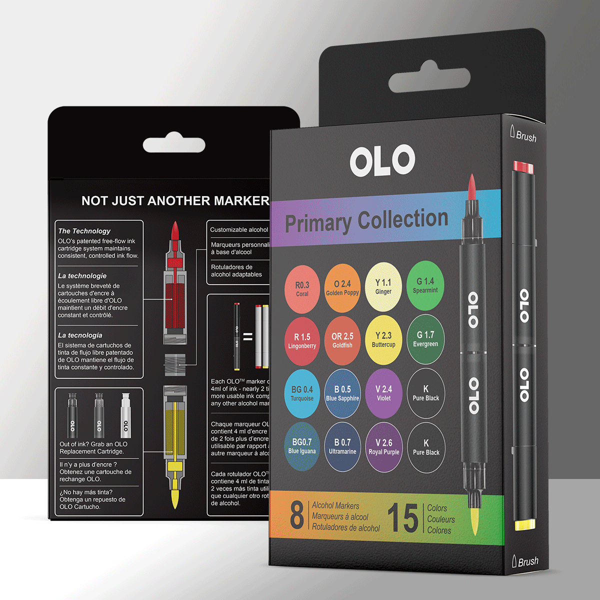 OLO Alcohol Markers Primary Collection - 8 Markers/16 Colors