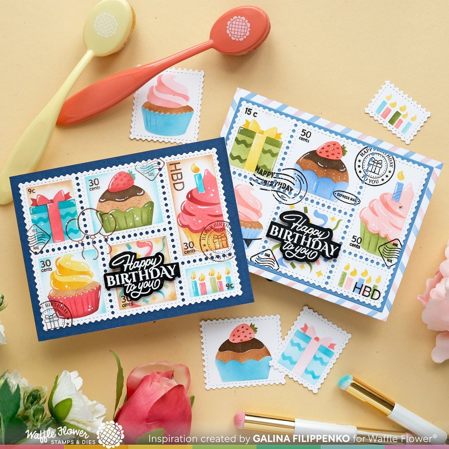 Waffle Flower Postage Collage Cupcake Stencil Set