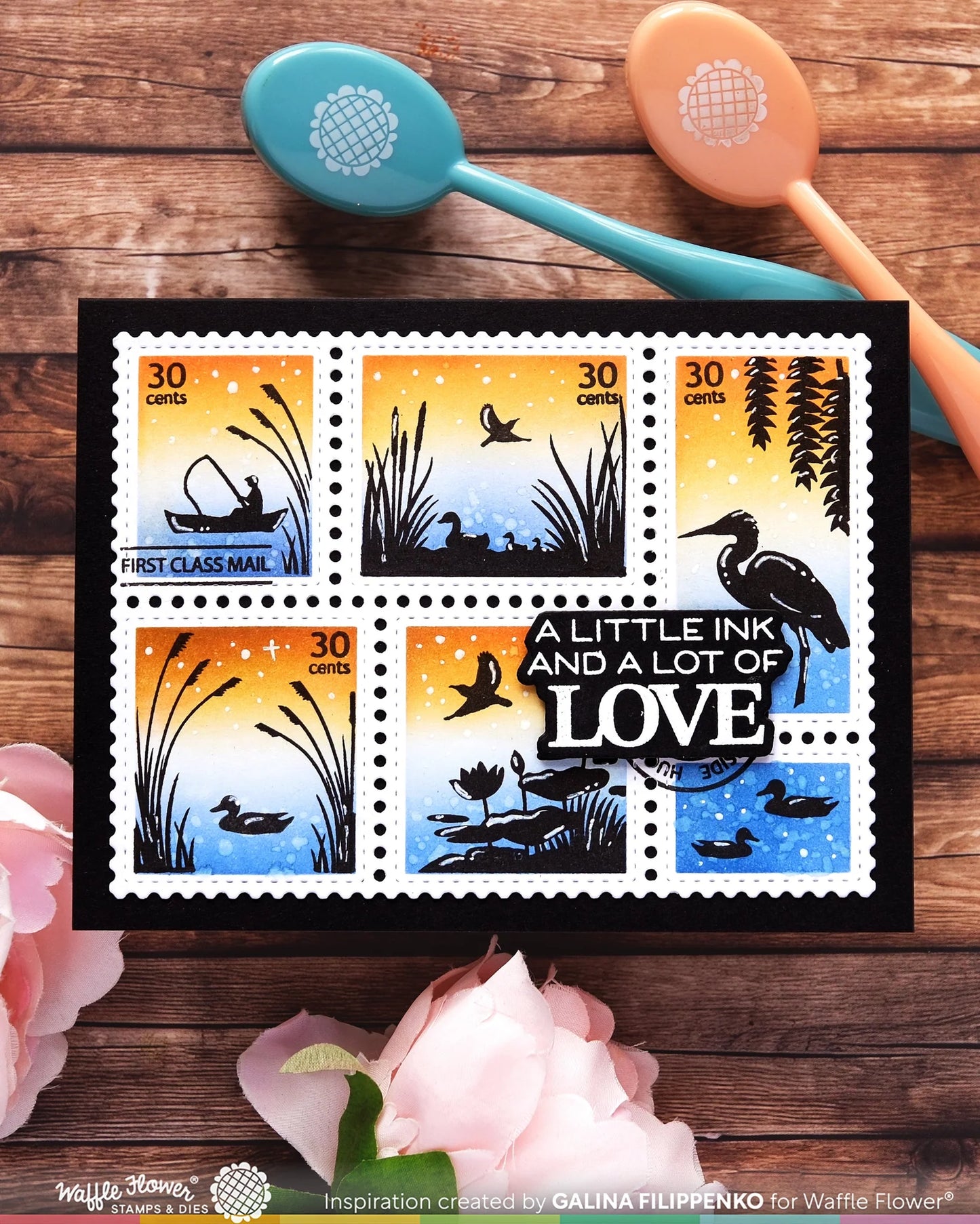 Waffle Flower Postage Collage Lake Sunset Stamp Set