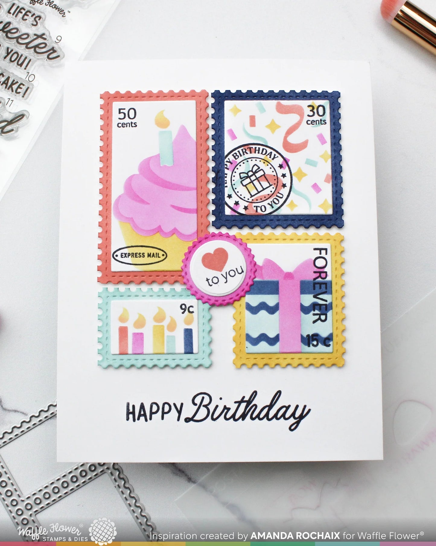 Waffle Flower Postage Collage Cupcake Stencil Set