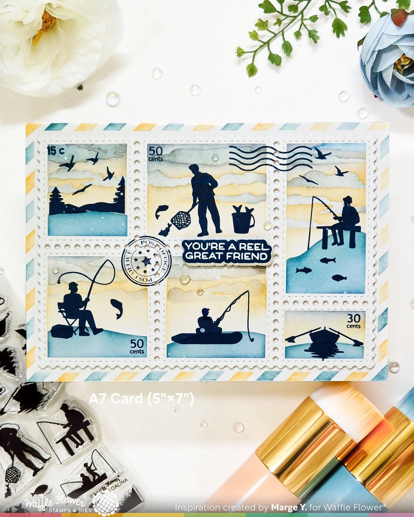 Waffle Flower Postage Collage Fishing Silhouette Stamp Set