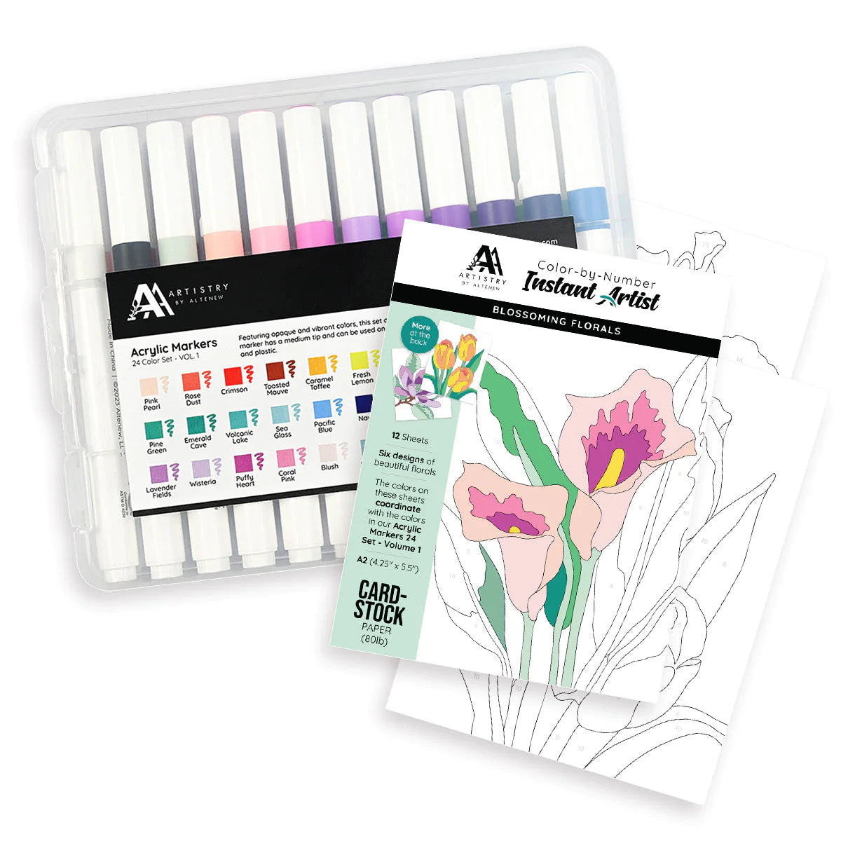 Altenew Acrylic Markers Set & Color-by-Numbers Sheets Bundle